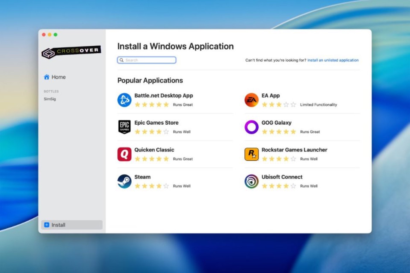 CrossOver app showing Battle.net, EA App, Epic Games Store, GOG Galaxy, Quicken, Rockstar Games Launcher, Steam and Ubisoft Connect